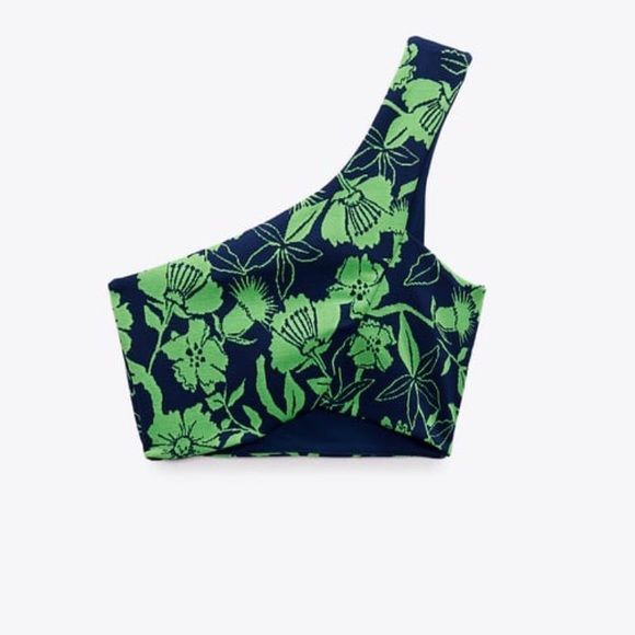 ZARA Jacquard top with asymmetric neckline and strap Blue Green Crop Top Large - Picture 4 of 15
